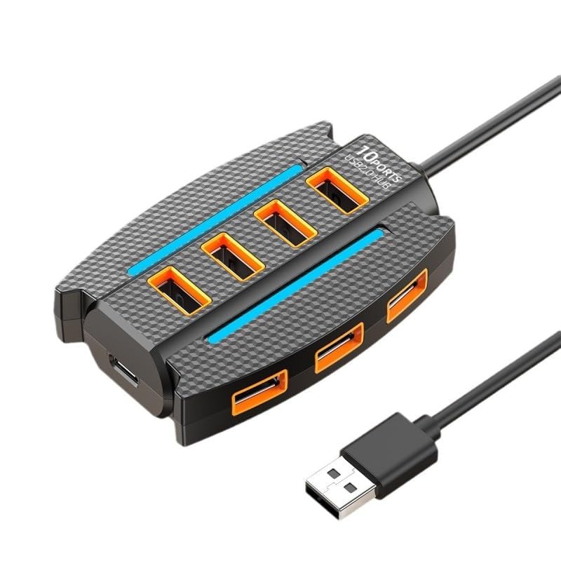 Image of 10 Port USB 2.0 Hub Splitter with Power /Data Port, 5gbps Hi-Speed Data Transfer, Plug and Play, USB Charging Docking Station Gaming Hub for Laptop, Computer (Black-Round) (10 Port (Flat))