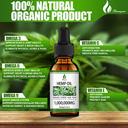 2 Packs Hemyum Organic Hemp Oil Drop 1,000,000MG - Relieve Stress & Anxiety - Anti-Inflammatory - Reduce Insomnia, 100% Natural Ingredients - Rich in Omega 3-6-9, Non-GMO - Cold Press Extraction