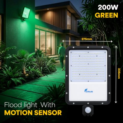 Image of Forus 200W LED Flood Light Green with Motion Sensor Auto On Off Day Night Mode Waterproof Outdoor Security Light for Garden Parking Garage Factory Warehouse High Bright Floodlight 4Yr Warranty-1Pc