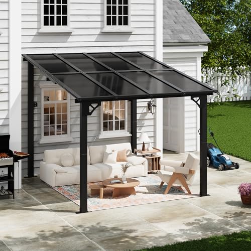 Image of 10x8 FT Lean to Gazebo Pergola, Outdoor Wall Mounted Gazebos with Polycarbonate Roof, Large Hardtop Metal Heavy Duty Awnings, Patio Canopy for Backyard, Deck, Porch (Black)