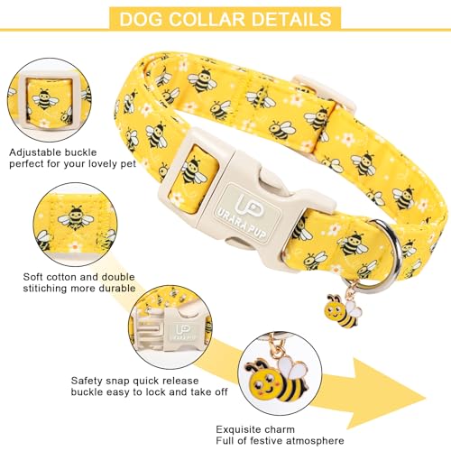 Image of Summer Bee Dog Collar, Cute Bee and Floral Pattern Cotton Adjustable Pet Collar with Durable Quick Release Buckle, Soft Lightweight for Small Medium Large Dogs