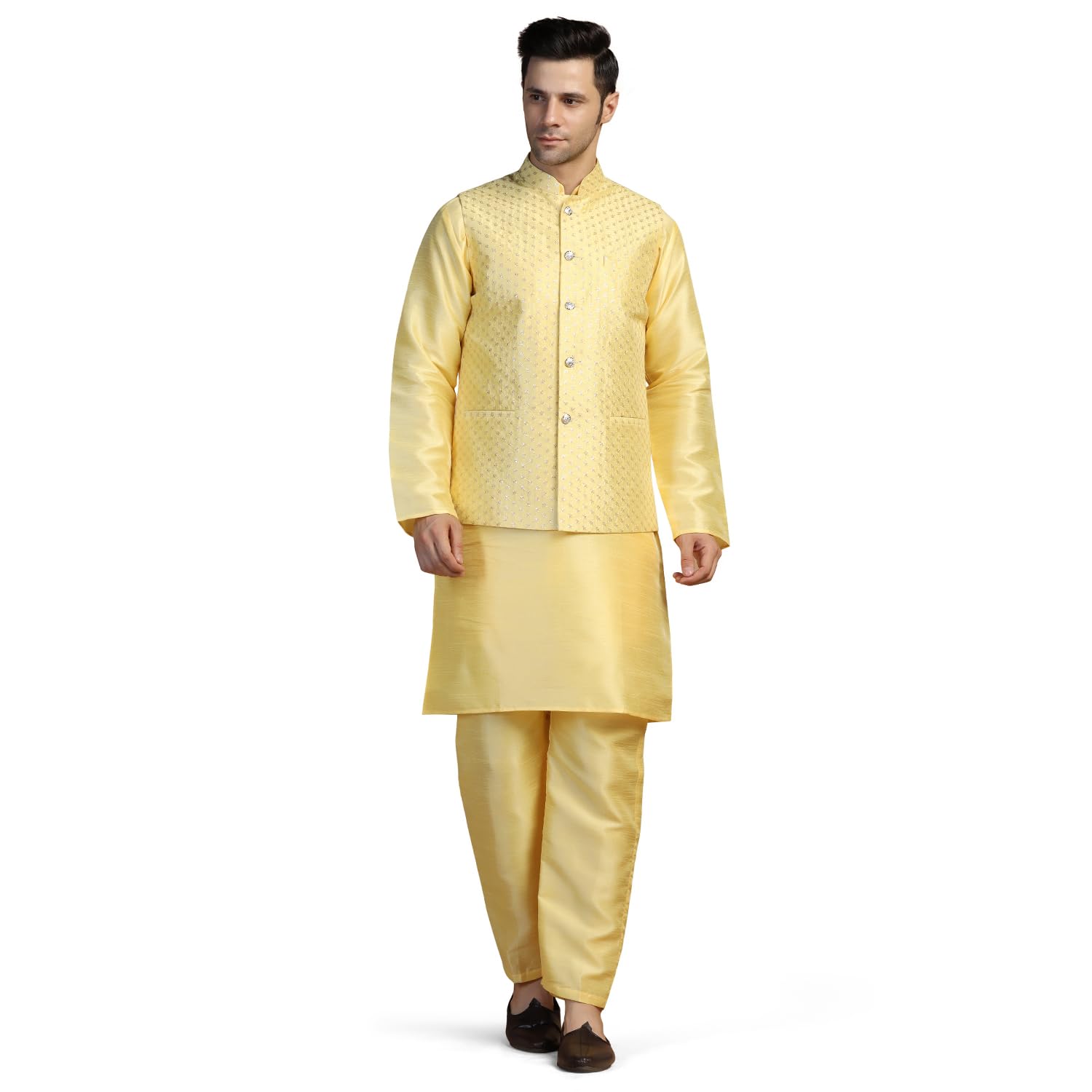 tahvo Men's Kurta Set with Embroidered Silk Jacket, Regular Fit, Perfect for Haldi & Weddings, Intricate Full-Jacket Embroidery Sizes XS-XL-picture-27