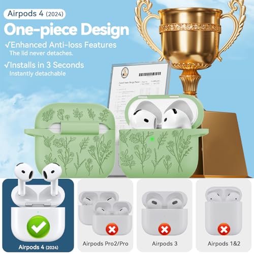Image of for Airpods 4 Case with Magnetic Lid, Ekoonpft Flower Engraved Cases for Apple AirPods 4th Generation 2024, Soft Silicone Cover for Women Girly with Cleaning Kit & Keychain, Shockproof