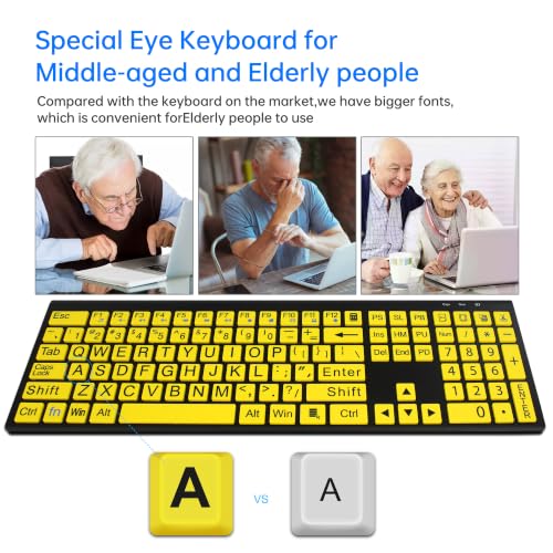 Full Size Wireless Large Print Keyboard and Mouse Set Rechargeable | Quiet Scissor Switch | for Seniors and Visually Impaired Low Vision Individuals-Yellow - image 5