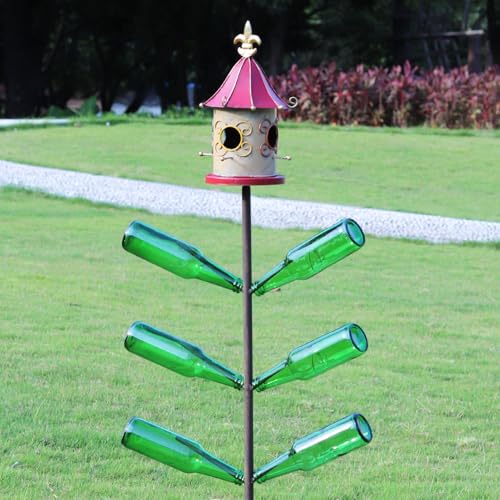 Image of 59 inch H Bird House Bottle Tree, Metal Bottle Tree Stand, Large Bird House