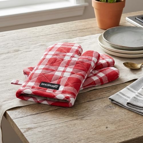 Image of Encasa XO Oven Gloves for Microwave (2 pc Set) - Heat Proof, Thick & Safe | Longer 18x30 cm Mittens for Protection in Kitchen Cooking & Baking - Franca Red Checks