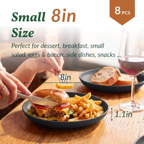 Image of Homienly Wheat Straw Plates Unbreakable Deep Dessert Plates Set of 8 Plastic Plates Reusable Microwave Safe Plate for Kitchen Camping Party Dishwasher Safe Stackable Appetizer Plates (8in, Black)