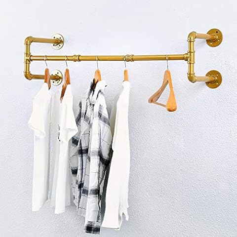 Industrial Pipe Clothing Rack Wall Mounted,Vintage Retail Garment Rack Display Rack Cloths Rack,Metal Commercial Clothes Racks for Hanging Clothes,Iron Clothing Rod Laundry Room(39.3in,Gold) Cover