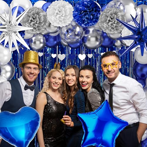 Image of Happy Anniversary Party Decoration 101Pcs, Blue and Silver Anniversary Party Supplies Backdrop Banner Blue and Silver Balloon Arch Kit Tablecloth for Wedding Anniv. Decor