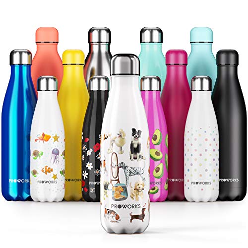 Proworks Edelstahl Trinkflasche | 24 Std. Kalt und 12 Std. Heiß - Premium Vakuum Wasserflasche - Isolierflasche für Sport, Laufen, Fahrrad, Yoga, Wandern und Camping - 500ml - Weiß - A Dog's Tail