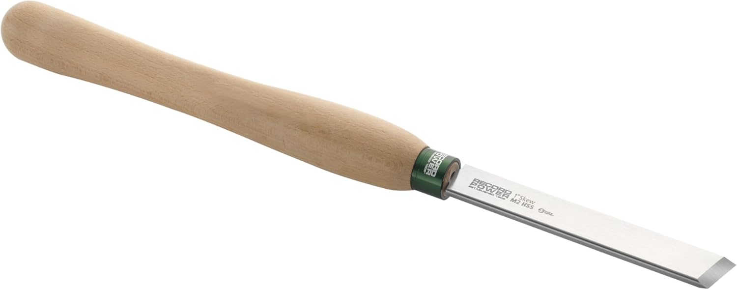Record Power ProComfort 1" Skew Chisel with Rolled Edge – HSS Woodturning Tool with 12" Ergonomic Beech Handle, UK Made – For Smooth Planed Finishes, Detail & Beading Work