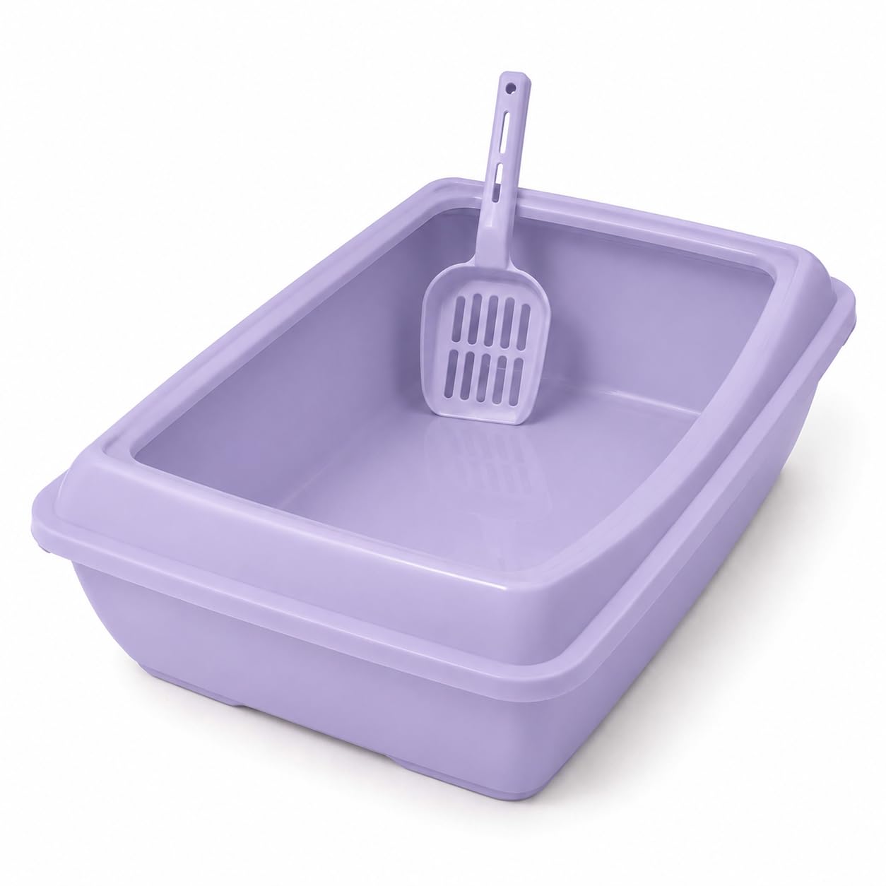 DIVCHI Cat Litter Tray with Scoop Spacious Open Design Litter Box with Removable Rim for Indoor and Odour Cats, Non Stick Plastic Catsan Surface Easy to Clean Toilet Box (Lavender)