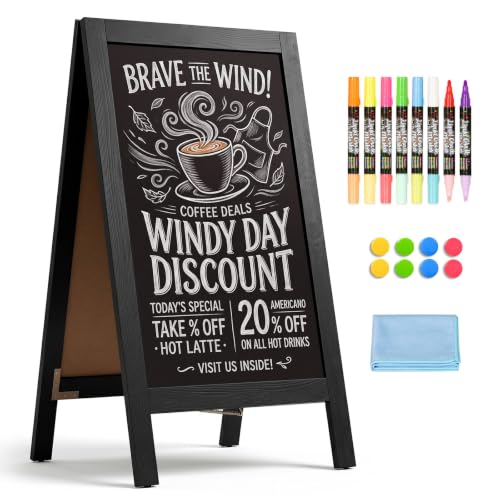 4 THOUGHT A-Frame Double-Sided Magnetic Chalkboard 40'x20', Black | Solid Pine Wood, Freestanding Sandwich Board, For Business, Restaurants, Cafes, Weddings, 8 Liquid Markers, 8 Magnets, 1 Rag