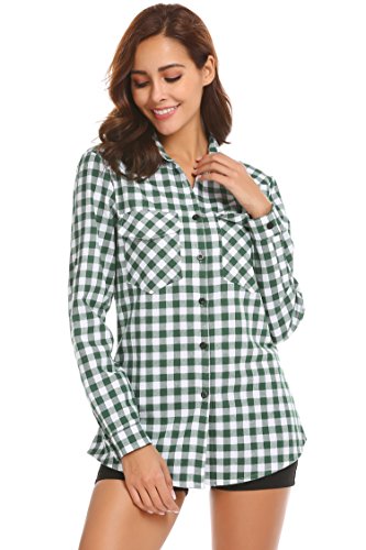 Zeagoo Women's Plaid Flannel Shirt, Roll up    Long Sleeve Checkered Cotton Shirt,Grass Green1,Large