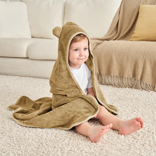 Image of Munich Blue Toddler Bath Towel for Boys & Girls - Soft Baby Bath Towels with Cute Bear Ears - Cozy Baby & Toddler Towels, 600 GSM, 35x35 inch (Brown Sugar)