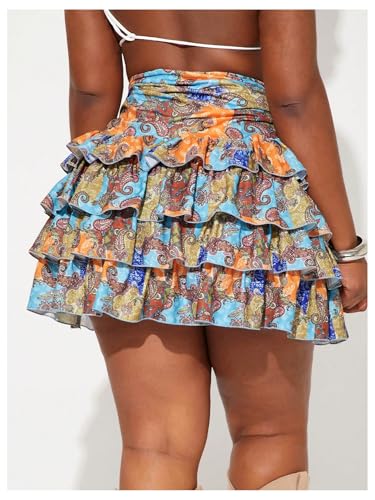 WDIRARA Women's Plus Size Boho Paisley Layered Ruffle Skirts High Waisted A Line Short Skirts2