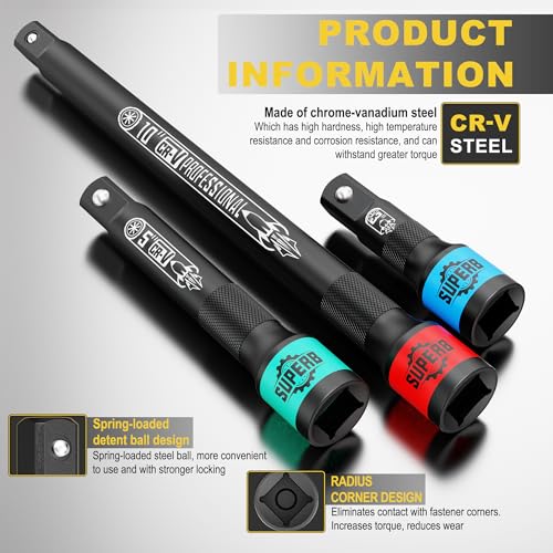 Image of 3 Pcs 1 /2 inch Drive Impact Extension Bar Set, 3 inch 5 inch 10 inch Length Socket Extension, CR-V Steel, Narrow and Deep Areas in Bicycle, Automotive Repair or Industrial Operations