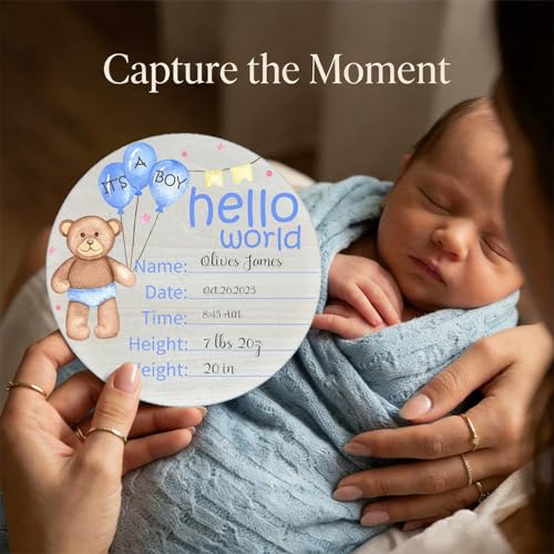 Image of Birth Announcement Sign Hello World Baby Name Wood Blue Bear Theme | Round Wood Plaque with Blue Bear Design, Custom Name Date Weight Length Great for Nursery Wall Baby Shower Gifts