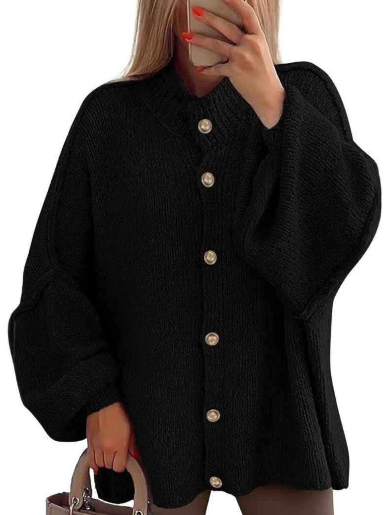 Cardigan Sweaters for Women Fall Lantern Long Sleeve Button Open Front Chunky Knit Mock Neck Oversized Sweater