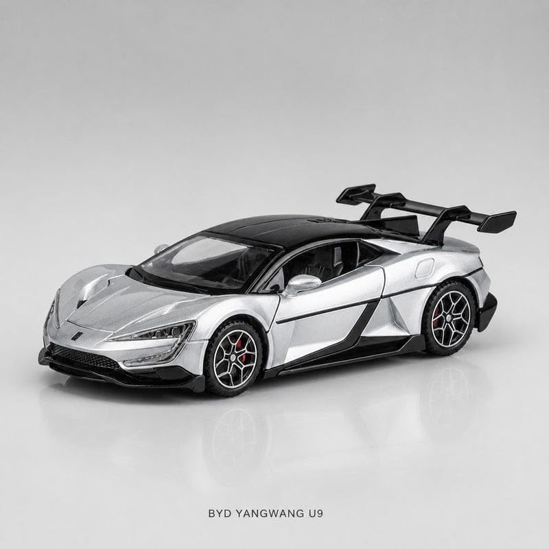 Image of 1:32 Scale Die Cast BYD U9 Sports Car Model, Silver | Metal Body, Pull Back Toy Car, Openable Doors, Realistic Design, For Kids & Collectors