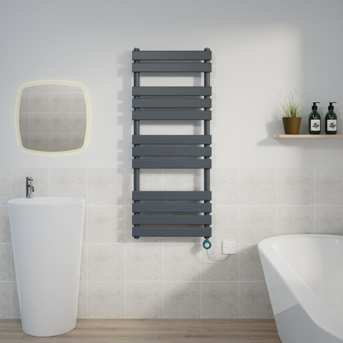 Warmehaus 1200x500mm Sand Grey Designer Flat Panel Electric Heated Towel Rail Thermostatic Timer Bathroom Towel Radiator 600W