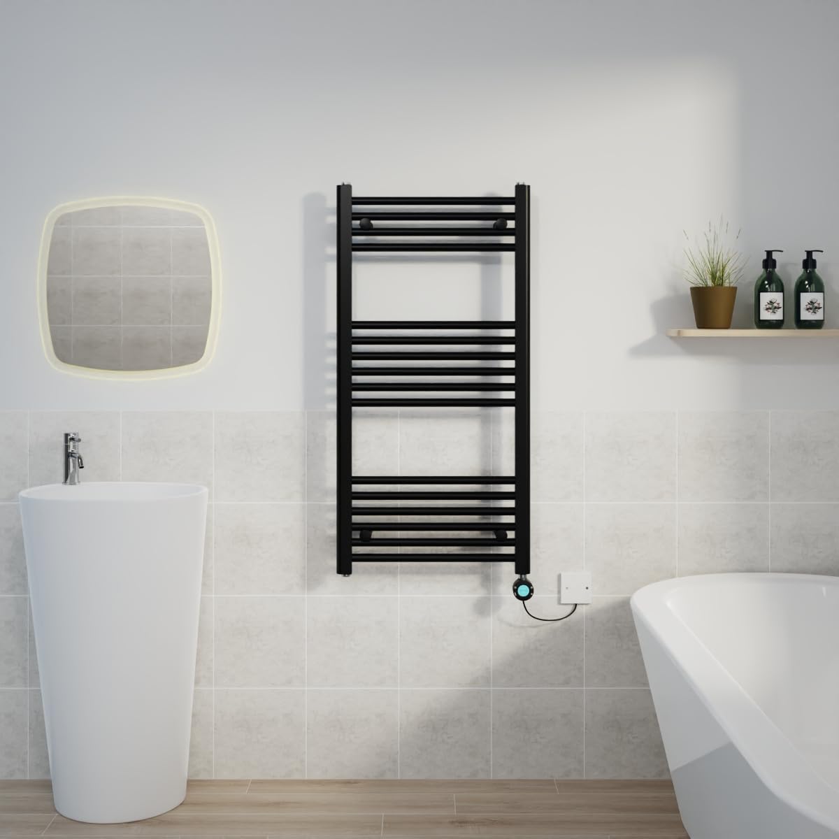 Warmehaus Black Electric Heated Towel Rail Straight Thermostatic Bathroom Towel Radiator With Timer - 1000X500mm 600W