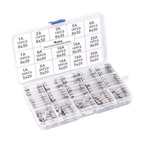 Myths 15 Values 250 pcs Fast-Blow Glass Fuses Assorted Kit,5x20mm and 6x30mm Glass Fuses,1A 2A 3A 5A 6A 7A 8A 10A 15A 20A,Packag in a Clear Plastic Box