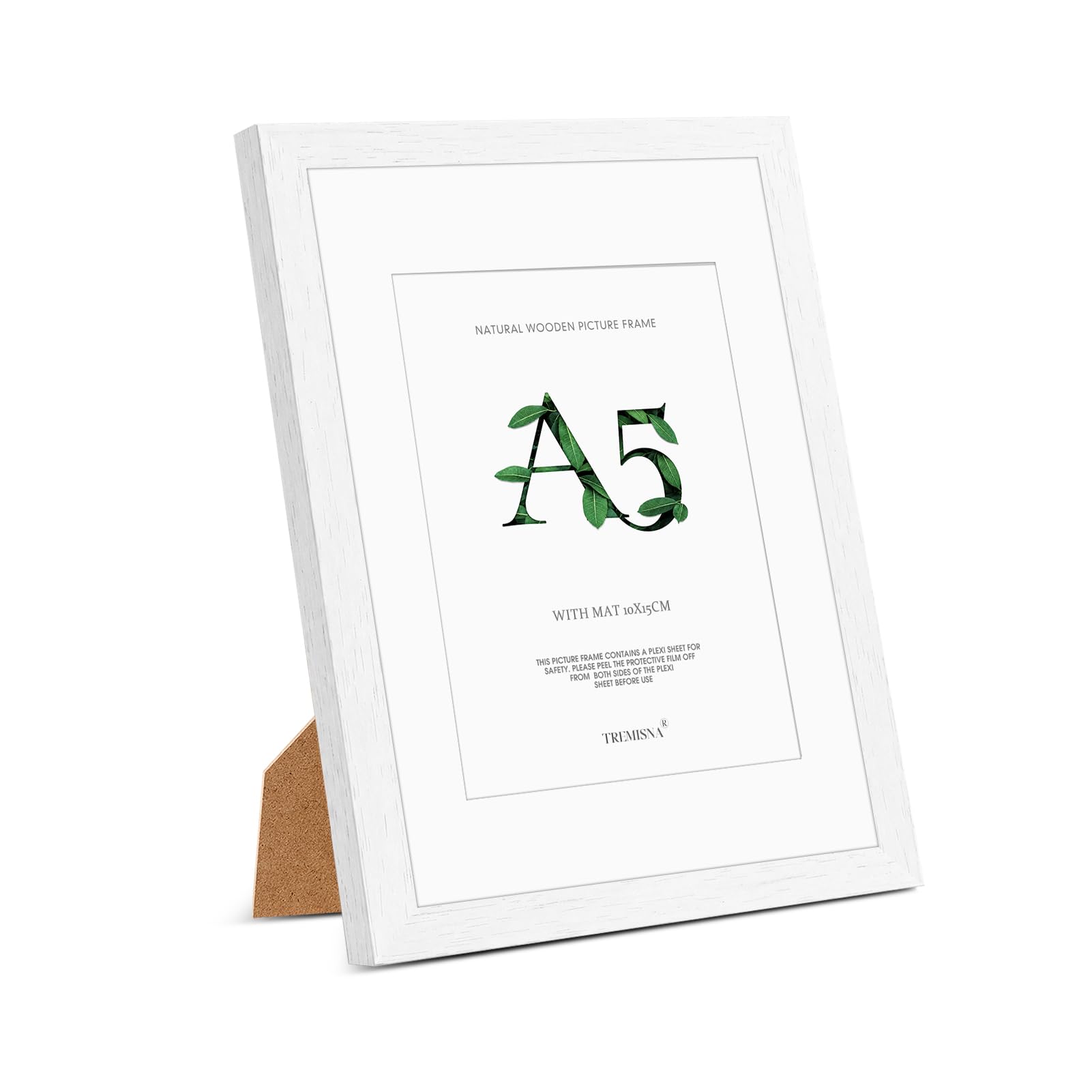 Tremisna® 1x A5(14.8x21cm) White Wood Picture Frame – Removable Mat for 10x15cm Photos or A5 Without Mat, HD Perspex, Stand for Tabletop & Wall Hanging