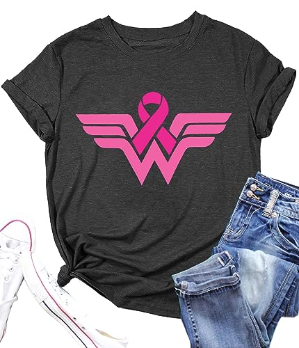 LAZYCHILD Women Breast Cancer Shirt: Pink Ribbon T-Shirt Breast Cancer Awareness Tee Cancer Survivor Tops