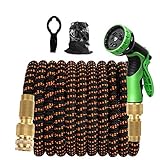 Kikc Manguera Extensible,Manguera de Jardin Manguera Extensible 15m longitud de extensión 9 látex tipos interruptores pulverización Conector Cobre Puro Gancho de Metal 15M/ 50FT(Naranja negro)