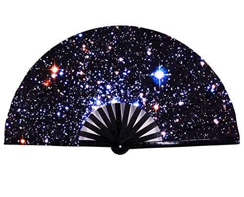 Amajiji Large Folding Hand Rave Fan for Women/Men, Chinease/Japanese Bamboo and Nylon-Cloth Hand held Folding Fan, Hand Fan Festival Fan Gift Fan Craft Fan Folding Fan Dance Fan (Starry Night Sky)