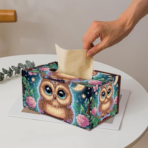 Image of DIY Diamond Painting Tissue Box, Owl Design Diamond Art Wooden Napkin Holder, Decorative Rhinestone Craft Kit for Adults, Desktop Crystal Rhinestones Art Box for Home Decor & Organizer