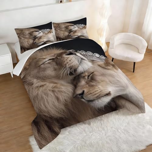 Image of Lion Comforter Set Full Size King and Queen Bedding Sets for Girls Boys Kids Adults Bedroom Decor Romantic Lover Couple Animal Quilt 1 Comforter 2 Pillowcases