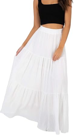 Womens Spring Summer Boho Elastic Long Skirts High Waist Pleated A Line Tiered White or Black Maxi Skirt