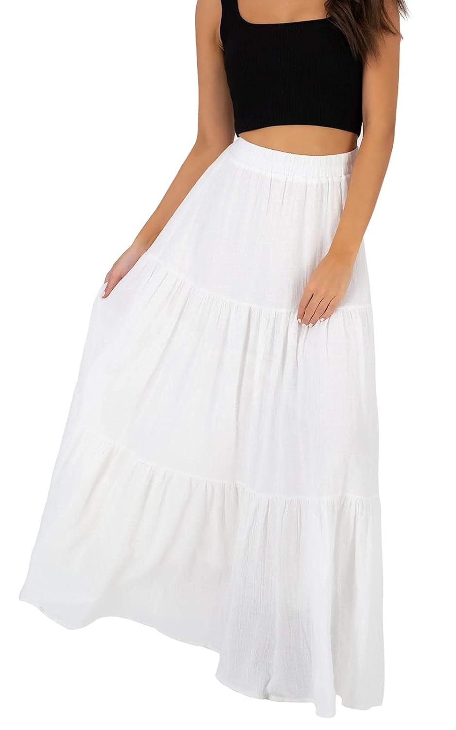 Annebouti Women Summer Boho Elastic High Waist Pleated A Line Tiered Maxi Skirt
