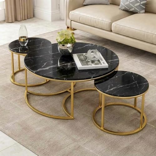 Image of 3 Piece Living Room Set - 1 Center Table and 2 End Nesting Tables, Round Stacking Coffee Side for Small Space, Nightstand Bedside Black and Golden