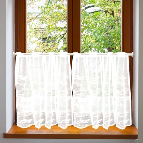 ZOLGINAH Tende Cucina Bianco con Occhielli,Tende per Finestre Semitrasparenti Con Delicati Motivi Farfalla,Tende Corte Bianco per Arredare la Casa di Campagna Del Bistrot 60x90CM(BxH) 2pcs