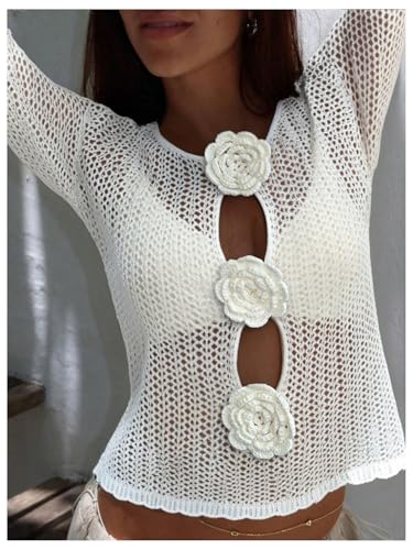 MakeMeChic Women's 3D Floral Crochet Sweater Cut Out Long Sleeve Crew Neck Knitted Crop Pullover Tops2