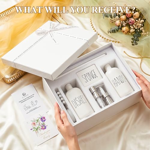 Image of Cisily Housewarming Gifts New Home Basket, Kitchen Soap Dispenser Set Comes with Ceramics Sponge Holder, Silver Stainless Steel Pumps, and Instant Dry Tray, Hand and Dish Soap Dispenser Set