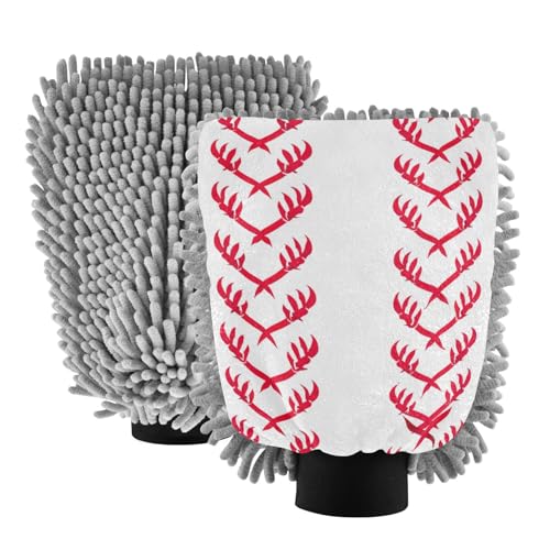 Kigai Baseball Stripes Car Wash Mitt Microfiber, 2Pcs Scratch Free Lint-Free, Premium Chenille Microfiber Mitt Car Wash Brush-L