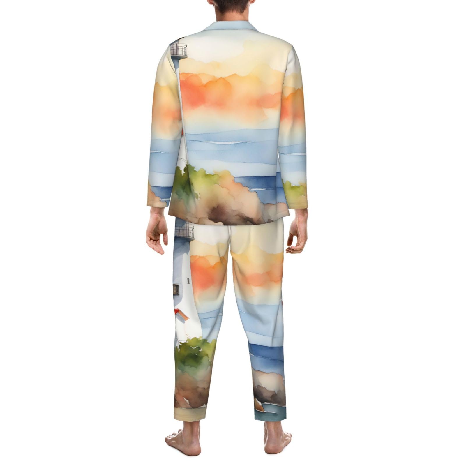 Herren-Pyjama-Set mit Leuchtturm-Aufdruck, langärmelig, zweiteilig, Hauskleidung, bequeme Nachtwäsche
