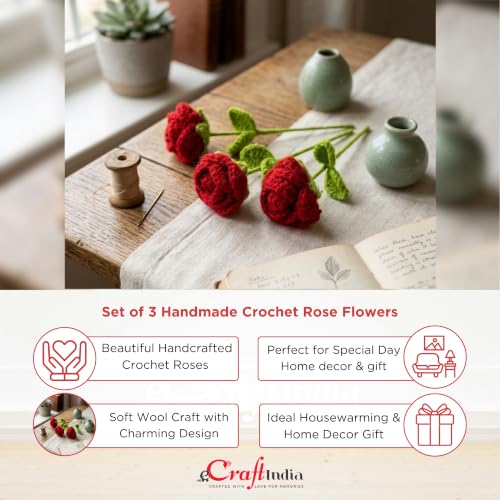 Image of eCraftIndia Set of 3 Handmade Crochet Rose Flower with Gifting Wrap for Rose Day Valentines Day Birthday for Wife Girlfriend