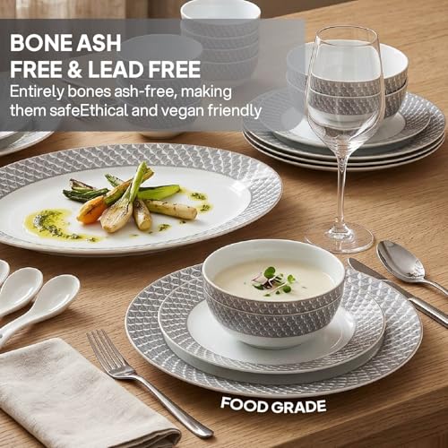 Image of CELLO Pyramid Divine Series Opalware Dinner Set of 33 Pieces for Family of 6 | Bone-Ash Free & Leadfree Opal Glass, Microwave & Dishwasher Safe Plates & Bowls Crockery Set for Dining & Gifting