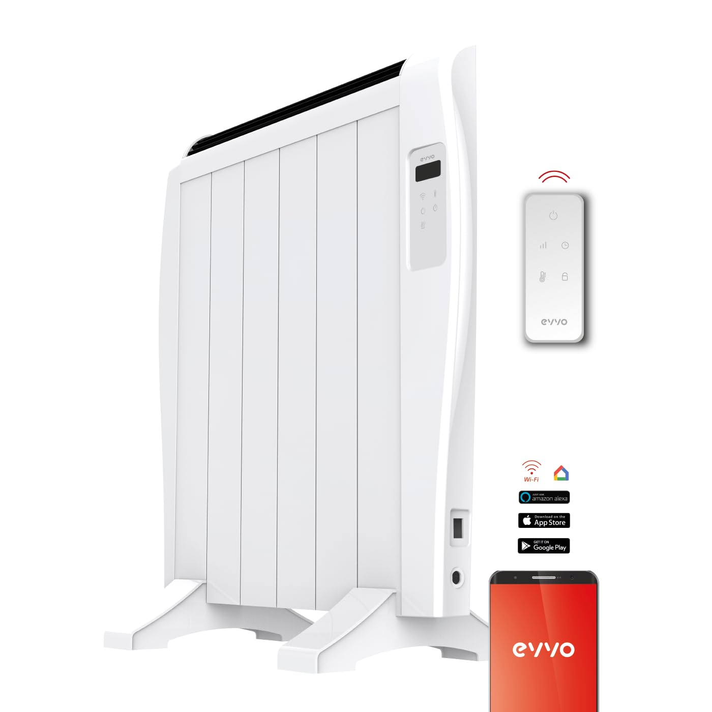 EVVO C6 Thermal Radiator Radiator White, 900W, up to 12 m2, Floor or Wall Installation, Google Home, 6 Elements, Child Lock, Wifi, Remote Control, Timer, LCD Display