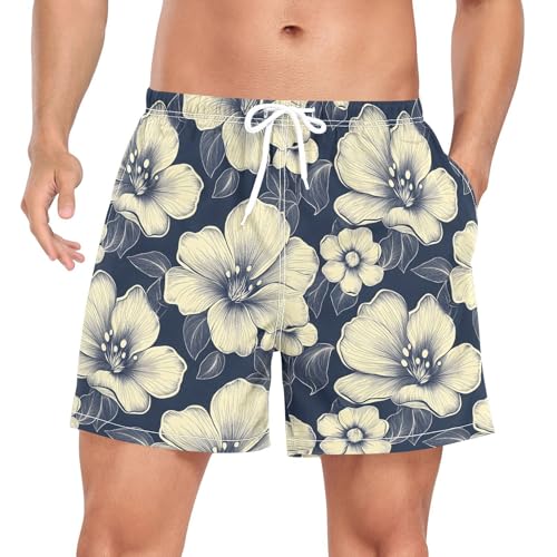 Mens Swim Trunks with Liner, Flower Line Cool Quick Dry Beach Swim Shorts, Swimwear Bathing Suits S