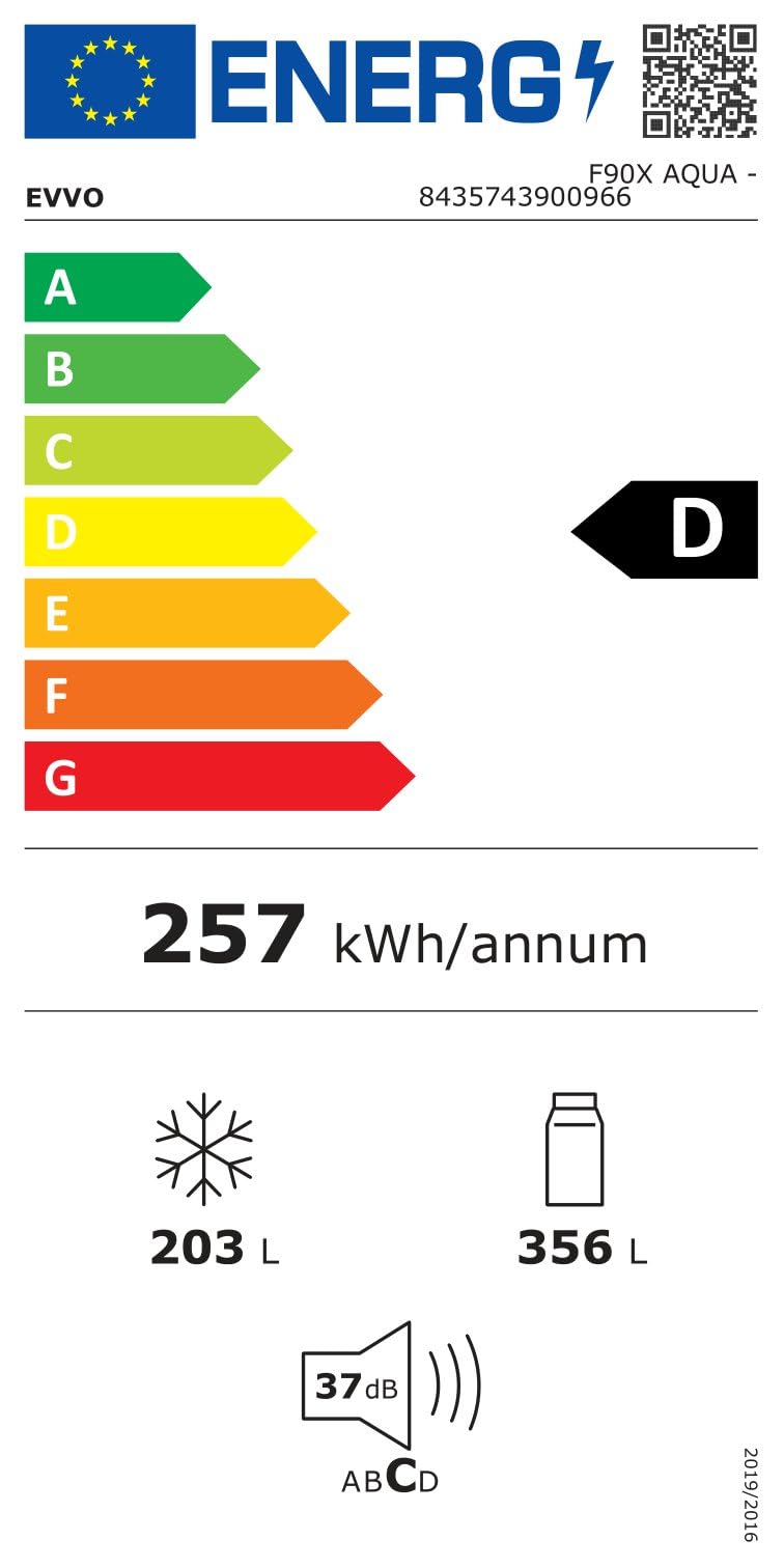 EVVO Frigorífico Americano 2 Puertas, Total No Frost, Compresor Inverter, Capacidad frigorífico 356L y 203L Nevera, Dispensador de Agua, Elegante Display Integrado, Modelo: F90X Aqua (Acabado Inox)