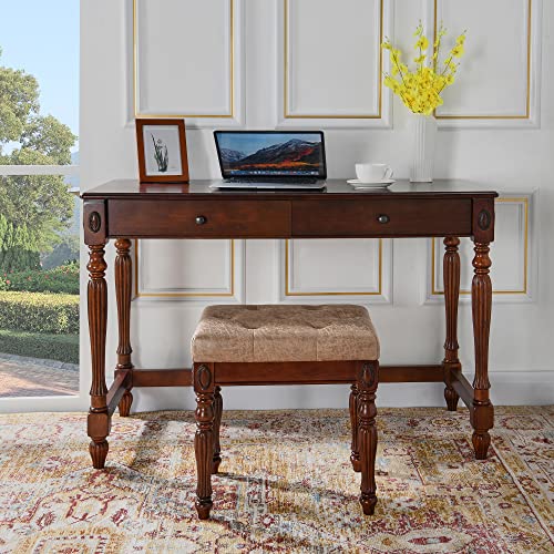 Solid-Wood-Upholstered-Vanity-Bench-Small-Vintage-Ottoman-Leather-Tufted-Foot-Stool-with-Padded-Cushion-Seat-Carved-Footrest-Rustic-Legs-for-Bedroom-Living-Room-1533LTLight-Yellow Solid Wood Upholstered Vanity Bench Small Vintage Ottoman Leather Tufted Foot Stool with Padded Cushion Seat Carved Footrest Rustic Legs for Bedroom Living Room 1533LTLight Yellow