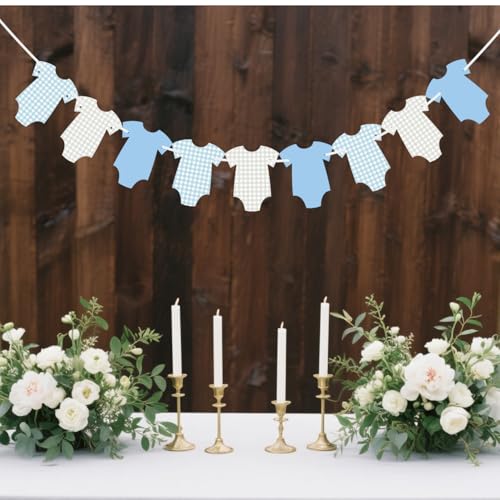 Image of ALISSAR 2 Pcs Pre-Strung Blue Gingham Bodysuit Baby Shower Banner - Baby Boy Shower Decorations-