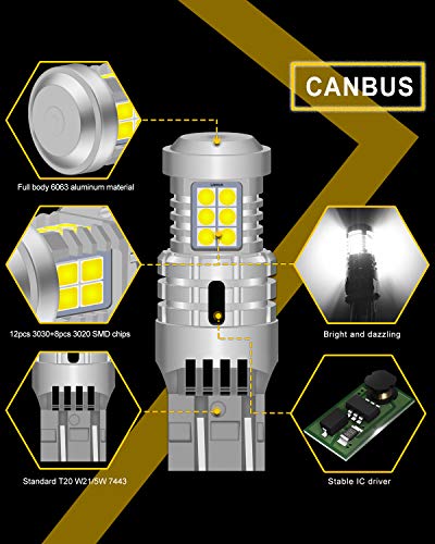 KATUR 7443 T20 992 W21/5W LED Bulbs Super Bright 12pcs 3030 & 8pcs 3020 Chips Canbus Error Free Replace for Turn Signal Reverse Brake Tail Stop Parking Light,Xenon White(Pack of 2)