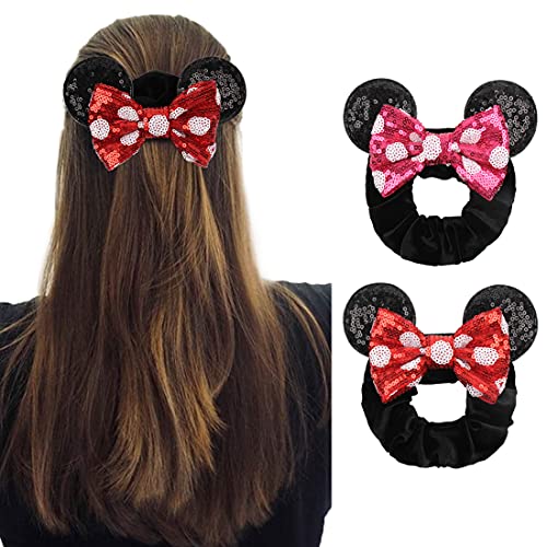 Lanmerry Red Dot Hot pink Dot Sparkle Bow Sequin Mouse Ear Velvet Scrunchies for women and Girls(dot-FQ)